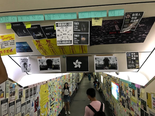 Display of support for Hong Kong protesters in pedestrian underpass.