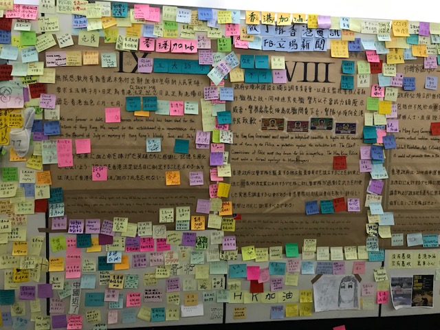 Sticky notes and posters supporting Hong Kong protesters.