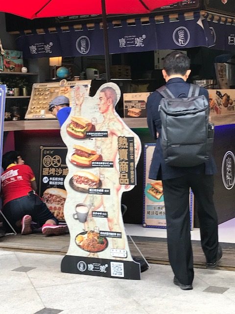 A sign showing a naked man with sandwiches on his body.