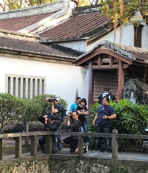 Six photographers pointing their cameras in the same direction.