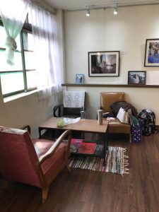 A room with mid-century modern furniture.